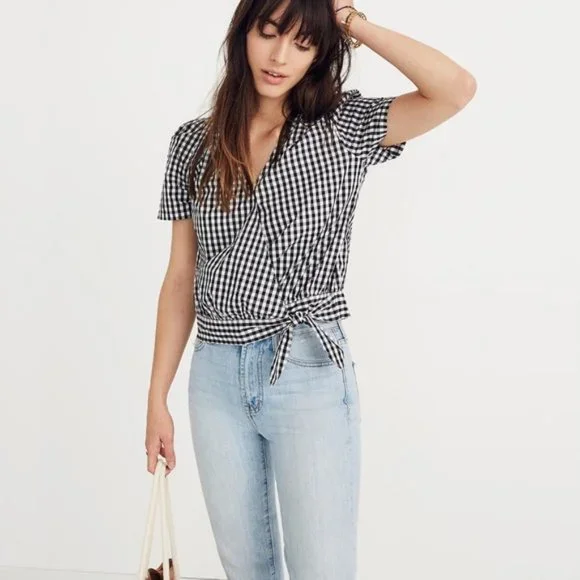 Madewell | Black and White Gingham Short Sleeve Wrap Top with Tie Waist, Size S - Picture 1 of 11